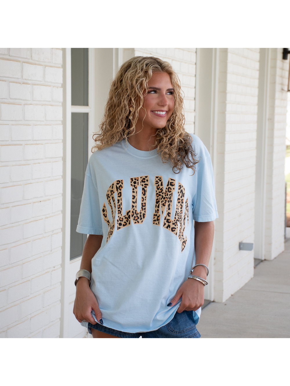 Lulu Mac Leopard Logo Comfort Colors T-Shirt Chambray Blue Large